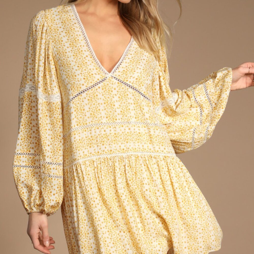 Lulus Era Of Style Yellow Floral Print Long Sleeve Babydoll Mini Dress